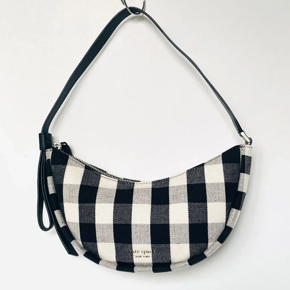 Kate Spade Smile Small Gingham Shoulder Bag Black Check Leather Trim